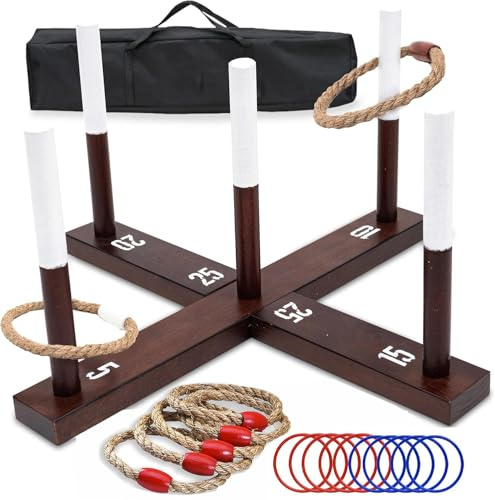 TUAHOO Quoits Juego de jardín, juego de lanzamiento de anillos al aire libre para adultos, actividades de fiesta familiar, juego de citas de madera con 6 cuerdas y 10 anillos de plástico, juegos