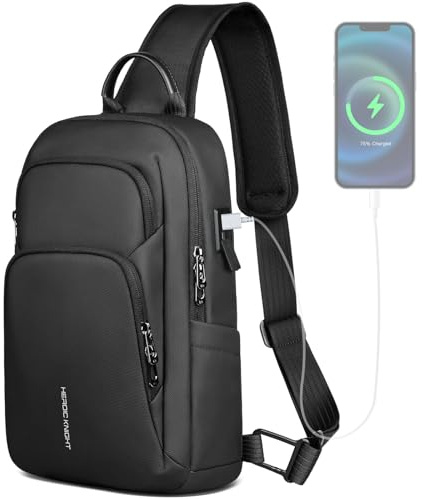 hk Bolso Bandolera Hombre con Puerto de Carga USB, Mochila Bandolera Cruzada Impermeable con Doble Bolsillo Lateral, Bolso Pecho para iPad 11,3 Pulgadas, Trabajo, Viaje y Uso Diario – Negro