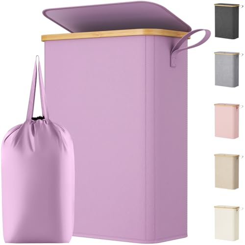 Lifewit 50L Slim Laundry Basket with Lid, Narrow, Removable Bag, Purple | Bamboo Handles, Foldable Thin Laundry Bin, Dirty Clothes Hamper for Laundry, Bathroom, Bedroom and Dorm