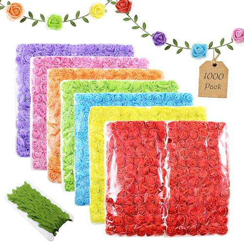 Vignor 1000 Pcs 0.6 Inch Mini Fake Rose Head with Gauze Small Foam Artificial Flowers Bulk for Floral Arrangement Bouquet Wreath Hair Clip Party Decoration DIY Craft (7-Color Assorted Pack)