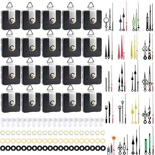 QUOTRE 20 Pcs Quartz Clock Mechanism Kit, Battery Powered Clock Mechanism with 20 Sets of Aluminum Clock Hands, Hooks & Adhesive Nails, Replacement Clock Mechanism for DIY Wall Clock Repair & Making
