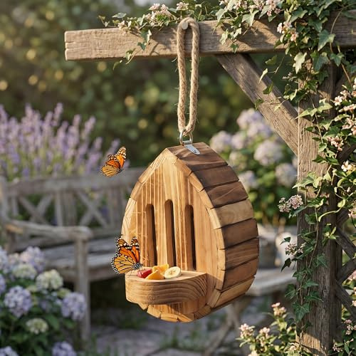 Butterfly House For Garden, Teardrop-Shaped Wooden Butterfly Habitat & Feeder, Outdoor Butterfly Shelter With Rope, Natural Insect Pollinator House Ornament (1PCS)