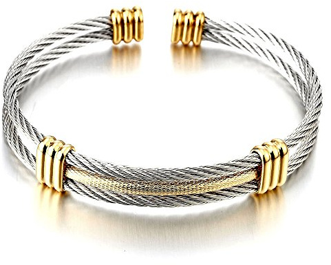 COOLSTEELANDBEYOND Bracelet en Acier Inoxydable pour Hommes Femme - Réglable Bracelet Manchette Câble Torsadé- Argent Or Deux Tons