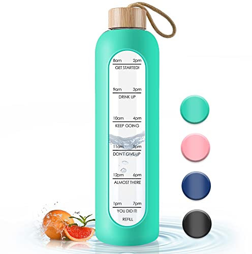 Trinkflasche Glas 1L mit Zeitmarkierungen -1 Liter Auslaufsichere Sport Glas Wasserflasche mit Bambusdeckel für Sport, Freizeit, 1000ml Mehrweg Bruchsicher Silikonhülle Glas Trinkflasche