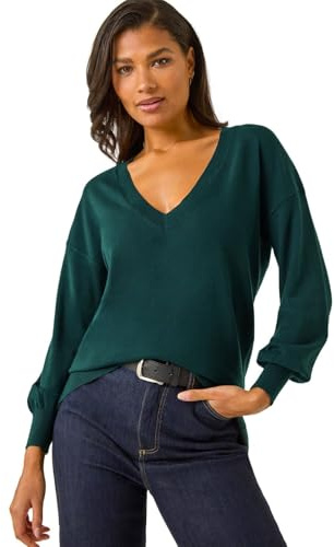 Roman Originals V-Neck Jumper for Women UK Ladies Boyfriend Fit Slouch Sweater Winter Autumn Textured Casual Flattering Knit Pullover Knitwear Daywear Lightweight Lounge - Dark Green - Size 18