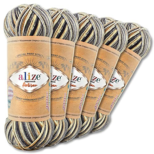 Wohnkult Alize Superwash Artisan - 5 gomitoli di lana per calze, 100 g, 16 colori, a contrasto (9005)