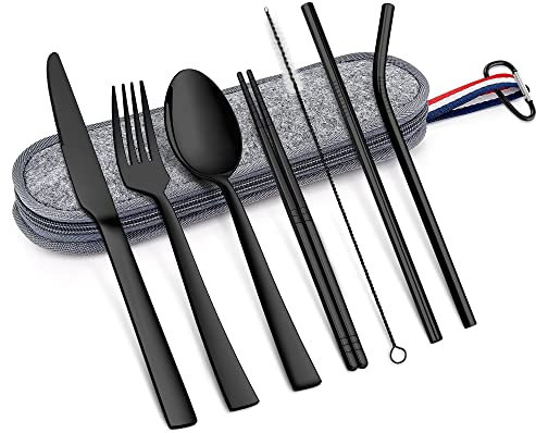 Joyfair Tragbares Besteck-Set, 8-teilig, wiederverwendbares Utensilien-Set für 1 mit Messer/Gabel/Löffel/Essstäbchen/Trinkhalme/Reinigungsbürste, spülmaschinenfest
