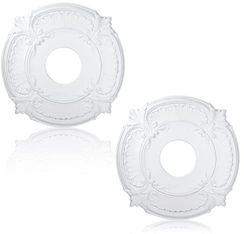 Cunno 2 Pieces PU Ceiling Medallion Decorative Ceiling Fan Medallion Round Home Lighting for Light Fixtures Chandeliers, 12 od x 3.5 ID(White)