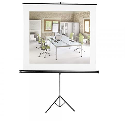 Pantalla de Proyección Enrollable, Fabricada en Tela Anti-Reflejante con Soporte Trípode Fabricado en Aluminio Lacado. Medida Area Proyección 155cm x 155cm. 200-250CM Altura