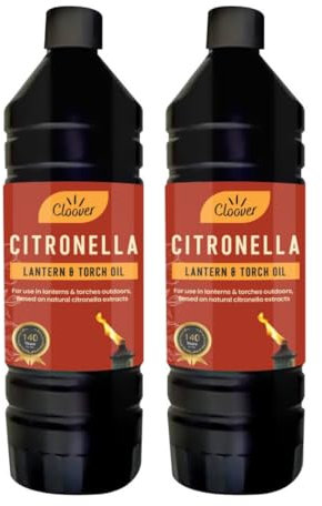 Cloover Lot de 2 huiles parfumées à la citronnelle pour lampe torche et lampe de poche en 1 l – Huile de citronnelle pour brûleurs de jardin, lampes à huile, torches Tiki – Huile de citronnelle