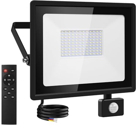Viugreum 100W Led Motion Sensor Security Lights Outdoor Floodlight Mains Powered with Pir 10000 LM 6500K Cool White Outside Wall Flood IP66 Waterproof Spotlight Remote Control for Garage Garden