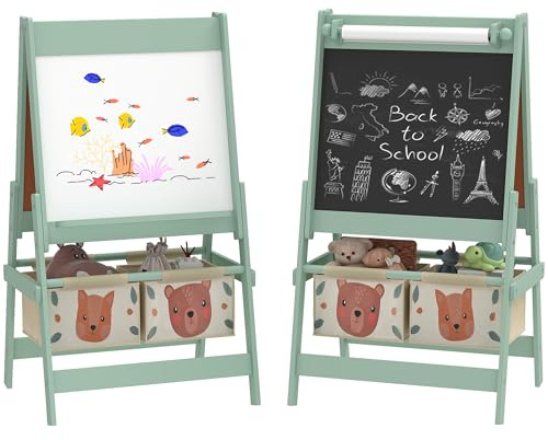 AIYAPLAY Art Easel for Kids with Paper Roll, 3 in 1 Double-Sided Kids Easel for Children, Drawing Board with Blackboard and Whiteboard, Storage Baskets, Green