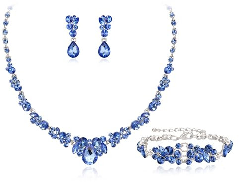 EVER FAITH Hochzeit Kristall-Schmuck-Sets für Glamour Teardrop Strass Halskette Dangle Ohrringe Armband-Sets für Damen Blau Silber-Ton