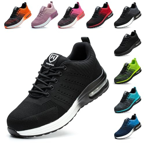 Baofular Safety Trainers Men Womens Steel Toe Trainers Lightweight Comfortable Safety Shoes Work Trainers Non Slip & Breathable Black/White 12.5 UK 48 EU 290