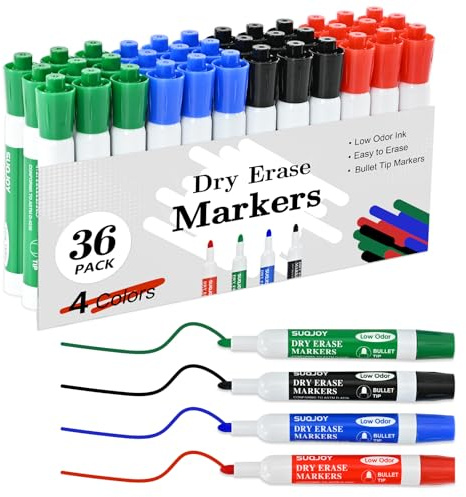SUQJOY Dry Erase Markers, BulletTip Whiteboard Markers, Low Odor Thick Dry Markers, 36 Bulk 4 Assorted Color Marker for Whiteboard, Classroom, Office & Home