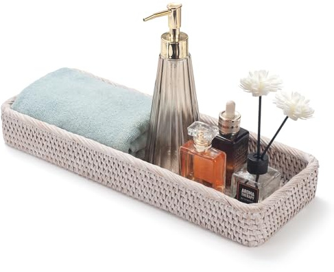 Bandeja de Ratán de Baño, Cesta de Almacenamiento de Baño de Mimbre, Bandeja Decorativa Tejida para Baño (Blanco, 41.5 x 15.5 x 5 cm)