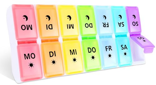 JANUIXCO Tablettenbox 7 Tage Morgens Abends - Pillendose 7 Tage 2 Fächer Abnehmbar, Frei von BPA - Medikamentenbox 14 Fächer Einfach zu Öffnen, für Unterwegs