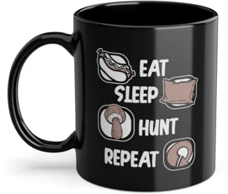 Eat Sleep Hunt Repeat Mangiatoia Cacciatore Tazza Di Caffè | Identificazione Raccogliere Funghi Caccia Tazza Nero (08594W)