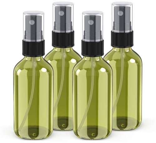 Wedama 2 oz Mini Glass Spray Bottles, Empty Small Spray Bottles with Funnel Dropper, Fine Mist for Hair, Travel, Plants, Cleaning Solutions and Skin Care (4 Pack Olive Green)