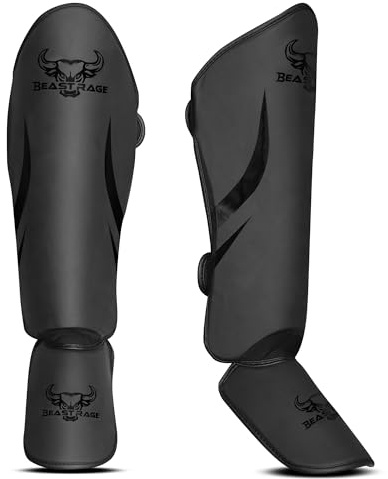 Beast Rage Espinilleras de Muay Thai para artes marciales mixtas, kickboxing, artes marciales, duraderas, con protección para el empeine del pie, ajustables, ajuste seguro, espinilleras protectoras de