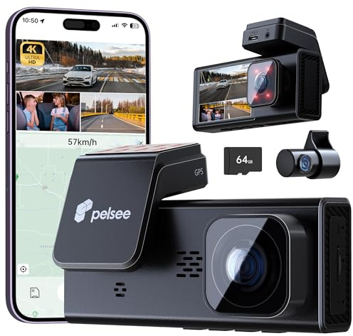 Pelsee 4K 3 Channel Dash Cam Front and Rear Inside, Dash Camera for Cars, 4K+1080P+1080P Dashcam with APP & WiFi, 64GB Card Included, Smart Driving System ADAS DMS, 24H Parking Mode,G-Sensor,256GB Max