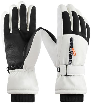 Andiker Guanti da sci da uomo, antivento, impermeabili, caldi, con tasca con cerniera, anti-smarrimento, touch screen, guanti invernali da uomo, per sci e snowboard (bianco)