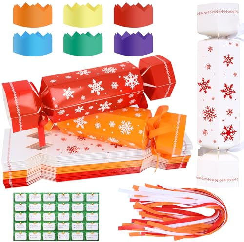 DARENYI 30Pcs Christmas Crackers, Make Your Own Christmas Crackers | DIY Snowflake Christmas Party Cracker Candy Paper Boxes with Hats Riddle Cards, Christmas Crackers Kit for Family Party