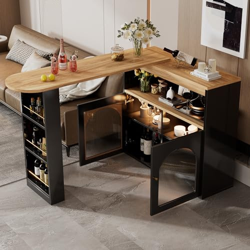 Oxtao Moderno tavolo da bar allungabile, tavolo da pranzo con vano portaoggetti, tavolo da bistrot girevole, per sala da pranzo, con strisce luminose a LED (colore luce regolabile), 138-193 x 39 x 105