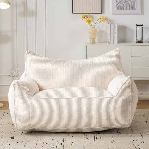 Fiximaster Puf de Pana con Respaldo, puf para Adultos con Relleno, Bolsa Grande de Piel sintética, cómodo sillón de salón con Espuma de Alta Densidad, Dormitorio y Sala de Estar, Crema