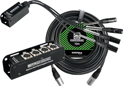 Pronomic NetCore SB-3F/SP-3M Set 10 m: sistema multicore audio 4 canali — stagebox 4 XLR maschi + RJ45; pigtail 4 XLR femmine + RJ45; cavo CAT5e 10 m incluso; nero