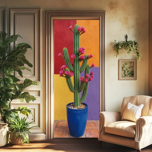 arricraft - Adhesivo decorativo para puerta (2 piezas, PVC, adhesivo para puerta de trompa, diseño de cactus en maceta, colorido póster decorativo de puertas, adhesivo decorativo para pared, para