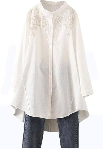 Minibee Women's Cotton Linen Shirt High Low Button Down Embroidered Blouse Long Sleeve Tunic Tops Beige XL