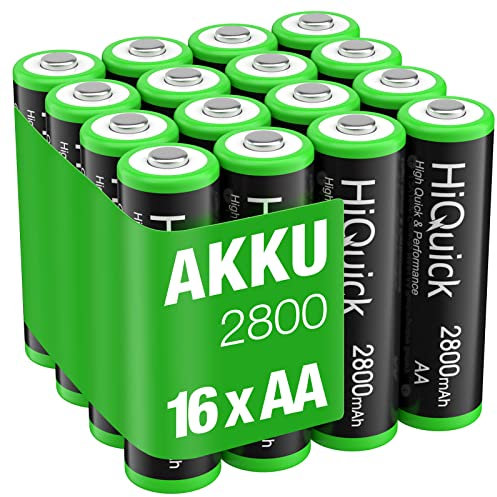 HiQuick Mignon AA Akku, 2800mAh 16 Stücke mit hoher Kapazität, NI-MH wiederaufladbare AA Akkus, geringe Selbstentladung AA batterien, 1,2V AA Batterien