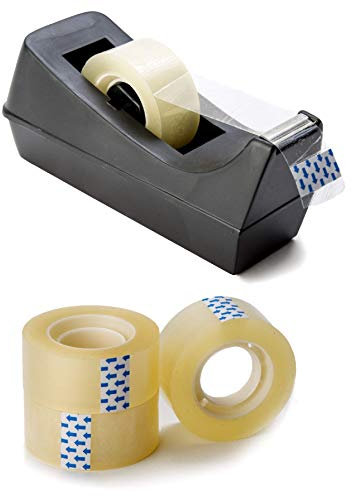 Black Tape Dispenser + 3 Refills - Desk, Office, Warehouse, Post Room - Weighted Base