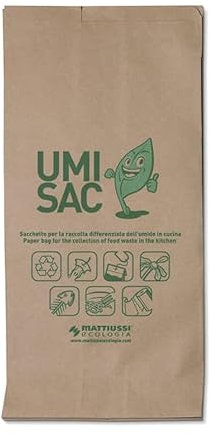 Sacchetti per la raccolta differenziata dei rifiuti organici, in carta riciclata trattata antiumido, per contenitori da 10 litri. Confezione da 100 pezzi.