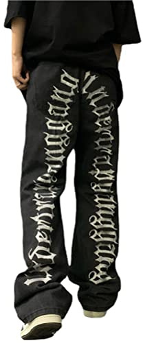 Onsoyours Homme Jeans Droit Patchwork Couleur Bloc Denim Pantalon Vintage Baggy Hip Hop Straight Leg Pants Taille Haute en Détresse Trouser Streetwear E Noir XS