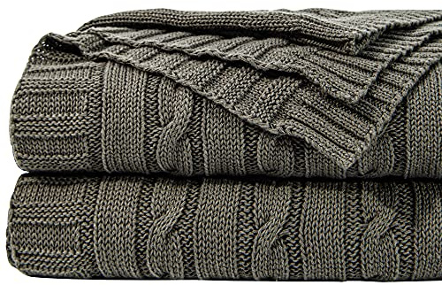 NTBAY 100% Pure Cotton Cable Knit Throw Blanket, Super Soft Warm Knitted Throw Blanket for Couch, Sofa, Chair, Bed - Extra Cozy, Machine Washable, Comfortable Home Decor, Grey, 130x170 cm
