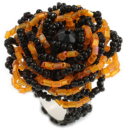 Avalaya Bague flexible en forme de fleur en verre avec perles en verre orange et noir 35 mm de diamètre, taille unique, Verre
