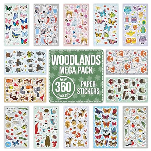 Woodland Animal Stickers for Children to Scrapbook, Craft, Decorate - Over 360 Self Adhesive Autumn Paper Stickers 14 Designs - Party Bag Fillers for Kids - Butterfly, Fox, Hedgehog, Owl, Bird