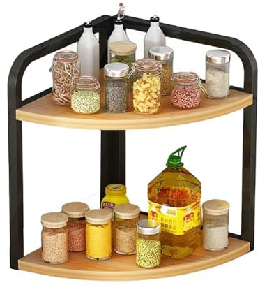Dreamhousey Estantería de esquina para cocina, estante para especias, accesorios de cocina, estante de especias de madera, triángulo de hierro, organizador de escritorio (2 niveles (L))