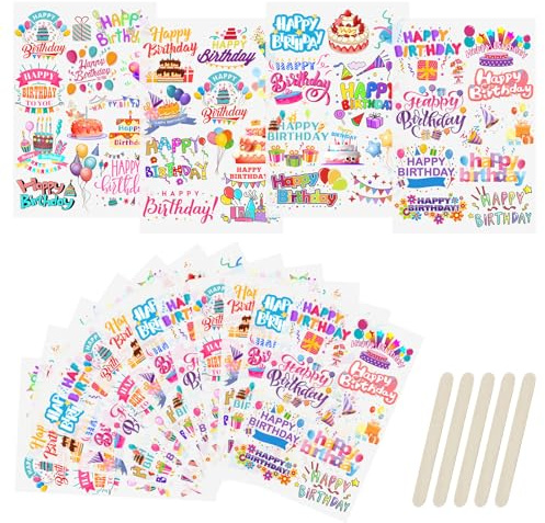 WANDIC Rub On Transfer Sticker, 16 Sheets Birthday Theme Transfer Decals Waterproof Scrapbook Stickers for Photo Albums Greeting Cards Gift Wrapping Home Decoration