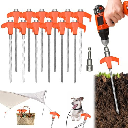 XIUWOUG 20 cm Zeltheringe Schraube, Schraubheringe Camping, Zeltheringe zum Schrauben Sturmsicher, Heringe Camping mit Metallgewinde und Leuchtenden Kunststoffköpfen, Camping Zubehör 12er-Pack