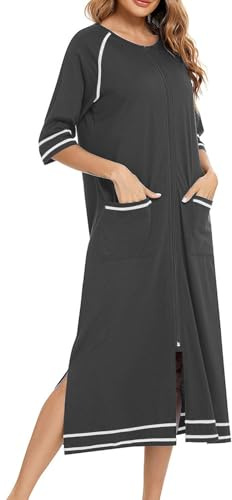 NSICBMNO Chemise de nuit longue pour femme - Robe de chambre rayée - Léger - Fermeture éclair - Manches courtes - Pyjama d'été - Avec poches - Vêtements de nuit, 01#gris foncé, XL