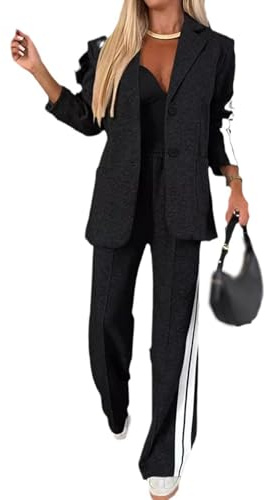 2 Piece Casual Set with Blazer and Joggers for Women,Women's Lapel Long Sleeve Casual Suit,Oversized Jacket Wide Leg Pants Suits Notch Lapel Loose Fit Sets (Black,M)