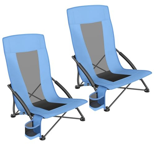 SONGMICS Set of 2 Portable Beach Chairs, High Backrest, Cup Holder