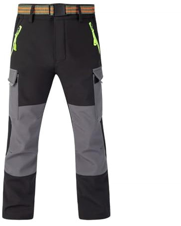 fovdtaa wasserdichte Thermohose für Jungen und Mädchen, Schneehose, Winter Outdoor Hose, Gefütterte Cargohose, Kinder Softshell Skihose,Black Grey-S