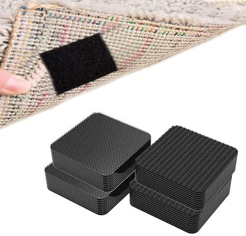 24 Pairs Grippers for Rug, Square Non Slip Rug Tape Grip Carpet Corner, Reusable Rug Grippers Sofa Cushion Fasteners, Hook and Loop Rug Pads, Fixed Rug Pads Non-Slip for Wooden, Tile Floors, Carpets