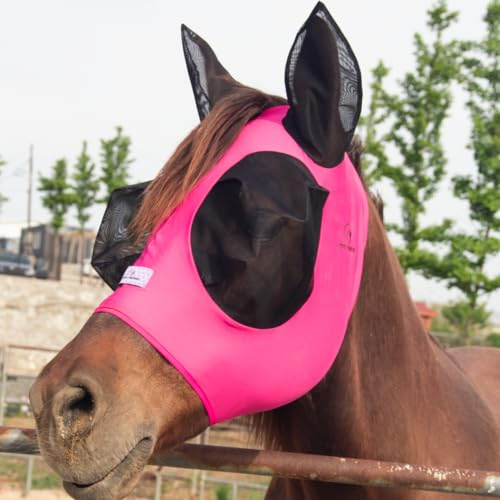 Horzmetnex stretchig hästflugmask med extra stora ögon och manöppning – mjuk, andningsbar flugmask för hästar, trasselfri design, förbättrad synlighet (fuchsia, cob (medium))