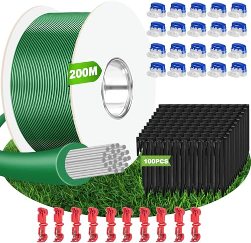 Cable Robot Tondeuse 200M + 100 Piquets + 20 Connecteurs de Câble + 10 Bornes de Connexion, Fil pour Robot Tondeuse, Câble pour Robots Tondeuses Compatible avec Gardena/Bosch/Worx/Yard Force etc