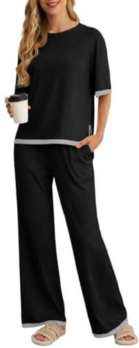 PrinStory Pyjamas For Women UK Summer Short Sleeve Pyjamas Crew Neck Nightwear Colour Clashing Side Split Loungewear Sets (Black, L)
